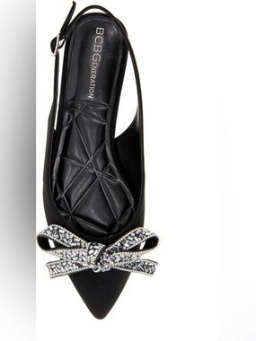 BCBGeneration Black Pointed Slingback Flats with Crystal Bow